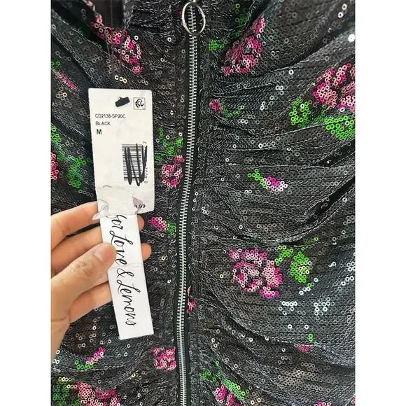 For Love & Lemons every rose   Strapless Sequin Mini Dress Black Size M - Picture 5 of 7